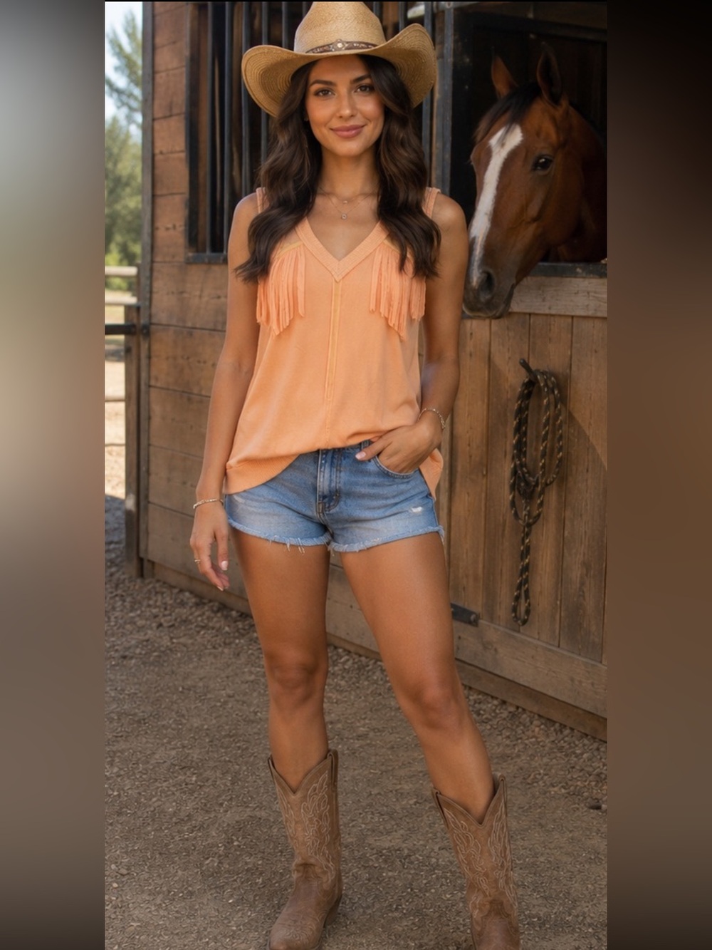 POL Peach Fringe V-Neck Tank Top
